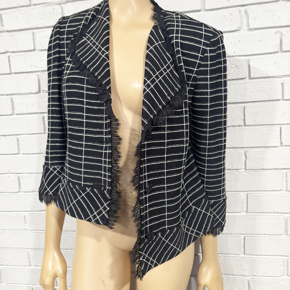 ST JOHN COLLECTION Black White Plaid Fringe Trim Jacket Blazer Women Size‎ 10